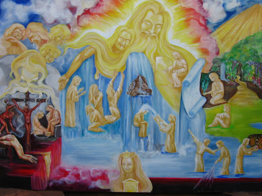 The Garden with the Cross as entrance, painted by Ron. The explanation is revealed in his book, The Garden. Available for purchase